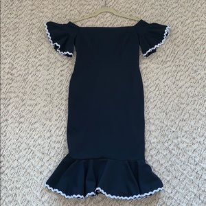 QueenBee off shoulder navy pencil dress, white hem